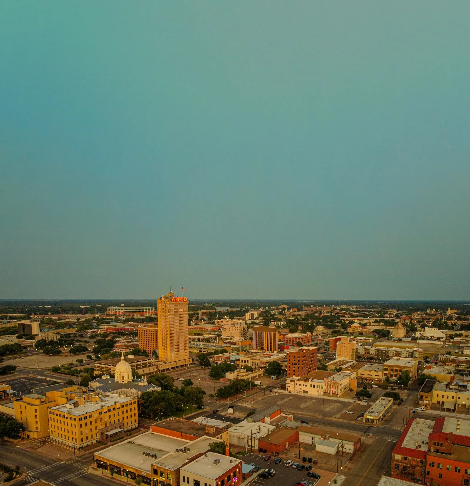 Downtown Waco viewed from above in warm evening light